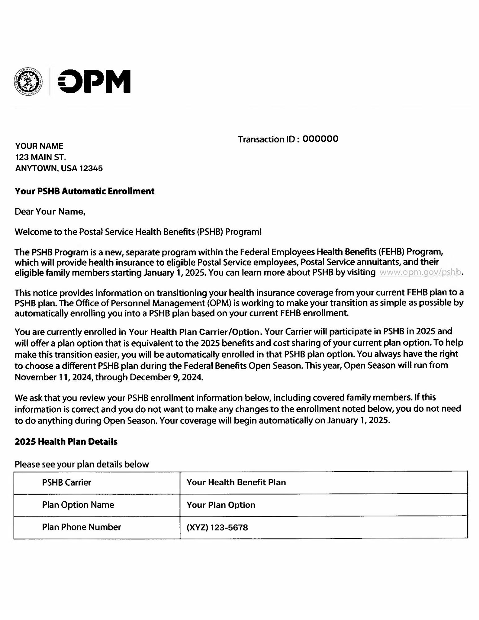 OPM Notification Letter (Sample)